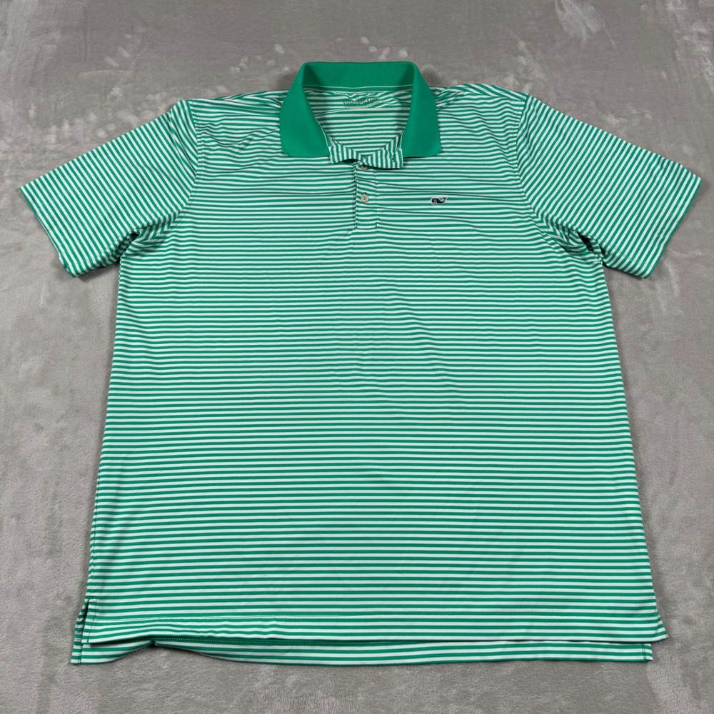 Vineyard Vines Polo Shirt Mens XL Green White Striped Performance Whale Logo - Picture 2 of 6